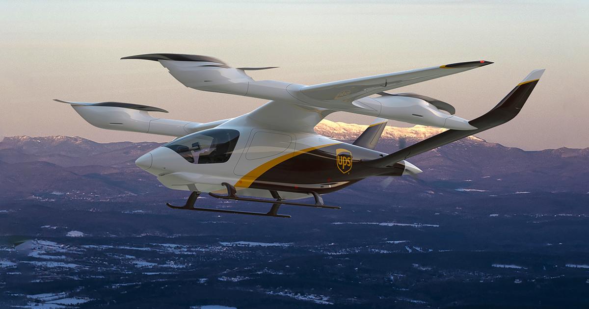 An artist's rendering of a Beta Alia-250 eVTOL aircraft with a UPS logo in flight