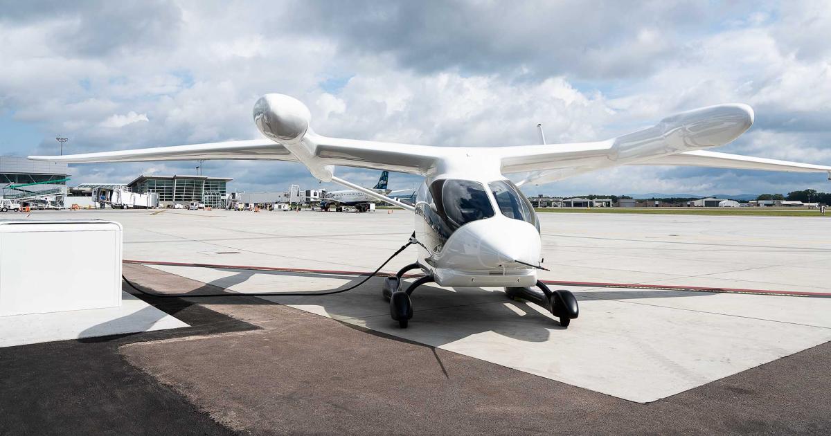 Beta's Alia electric airplane is pictured at an airport charging station