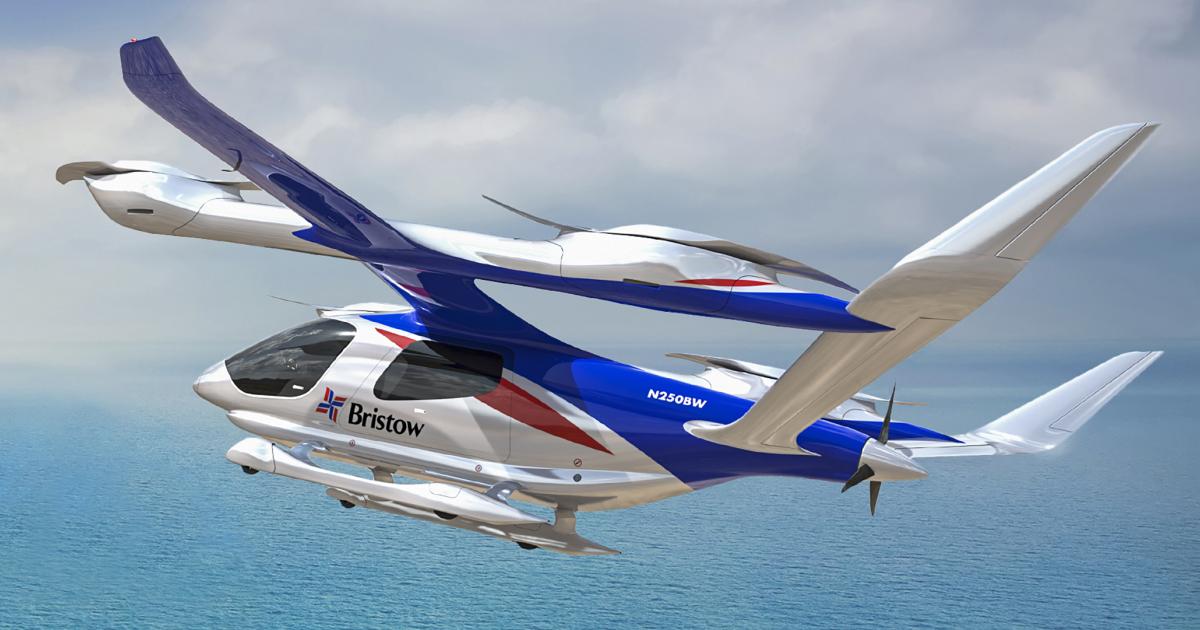 An artist's rendering of a Beta Alia 250 eVTOL aircraft with a Bristow logo in flight