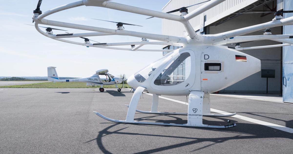 Volocopter's 2X eVTOL vehicle (foreground) and Pipistrel's Velis Electro electric light aircraft were involved in flight trials to evaluate air traffic management for crewed and uncrewed operations.