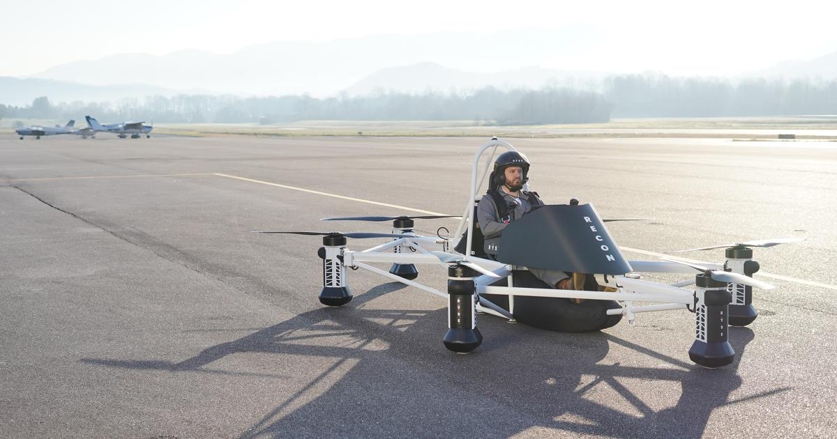 Ryse's piloted Recon eVTOL is pictured on the tarmac during a flight testing campaign in the summer of 2022.