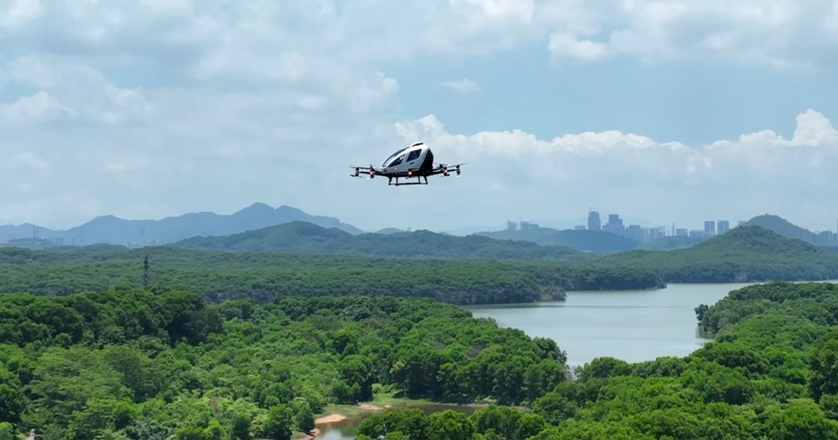 EHang's EH216-S aircraft is pictured in flight over Shenzhen