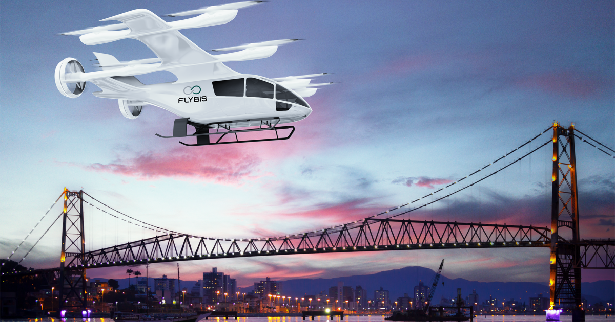 An artist's rendering of an Eve eVTOL aircraft with a FlyBIS logo flying over Brazil.