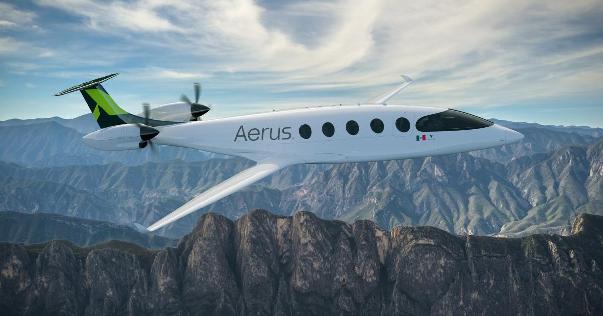 A rendered image of an Eviation Alice commuter airplane with an Aerus logo flying over Mexico.