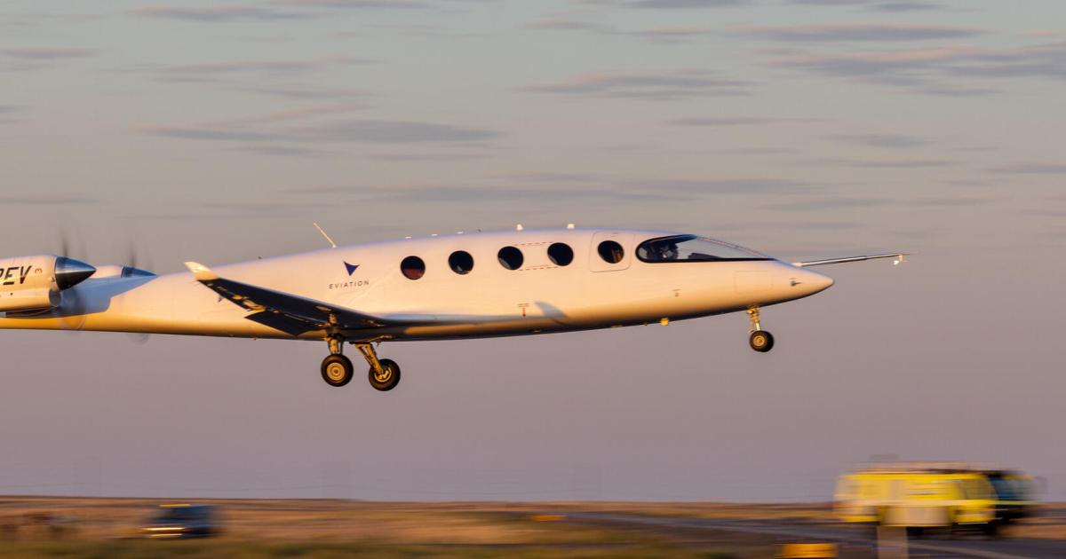 Eviation's all-electric Alice commuter airplane is pictured during its first flight test on Sept. 27, 2022.