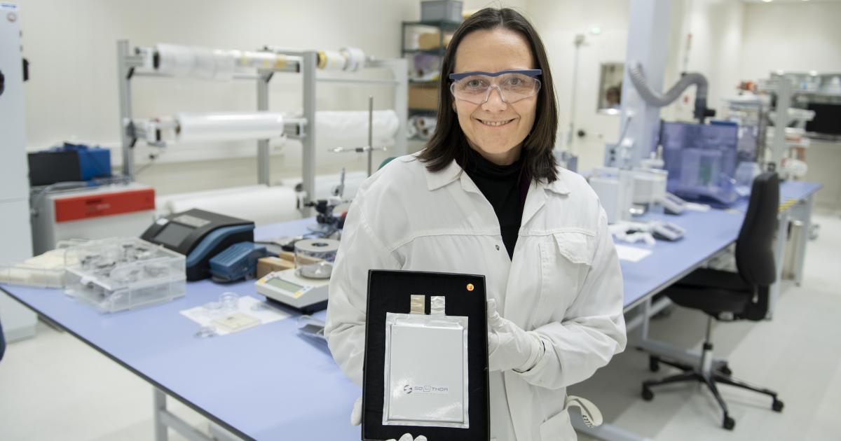 Solithor co-founder and chief technology officer Fanny Bardé with an example of the company's pouch cell batteries.