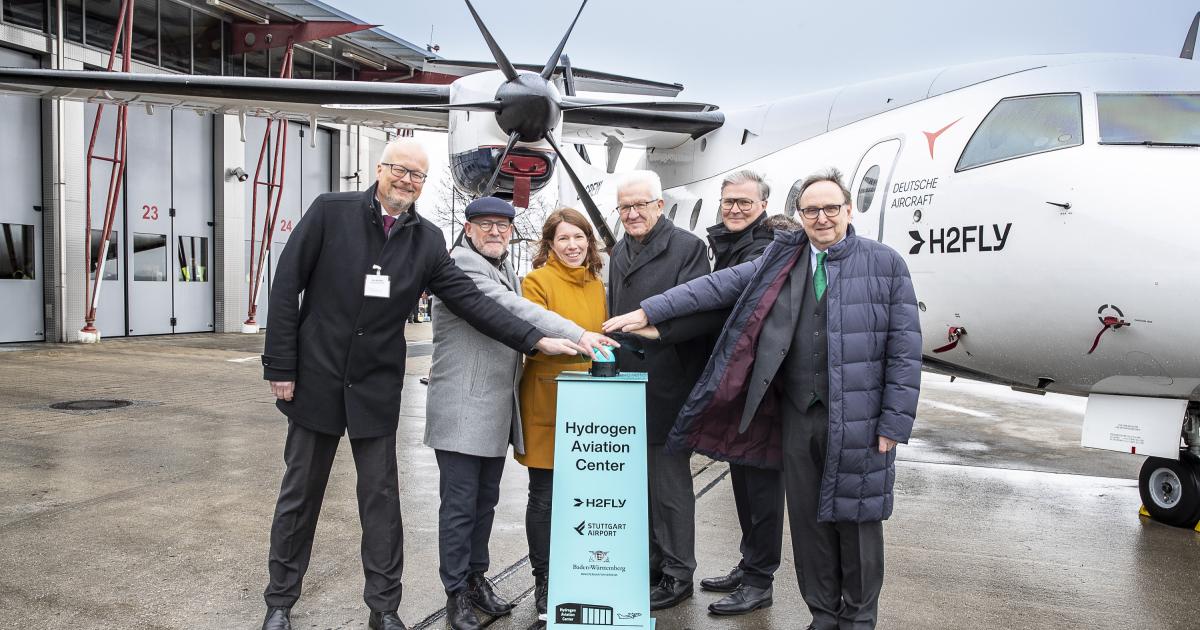 Officials from H2Fly, Deutsche Aircraft, Stuttgart Airport, the state of Baden-Württemberg and the German government launch the development of the new Hydrogen Aviation Center.