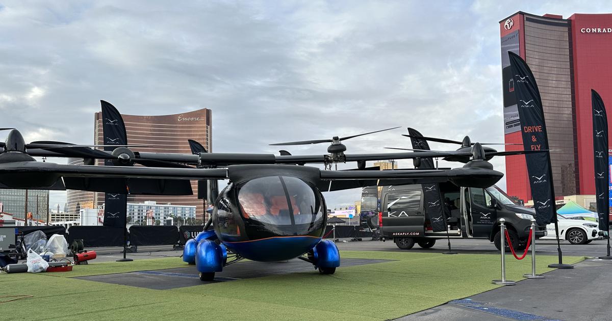 NFT's Aska A5 "flying SUV" on display outside the 2023 Consumer Electronics Show in Las Vegas.