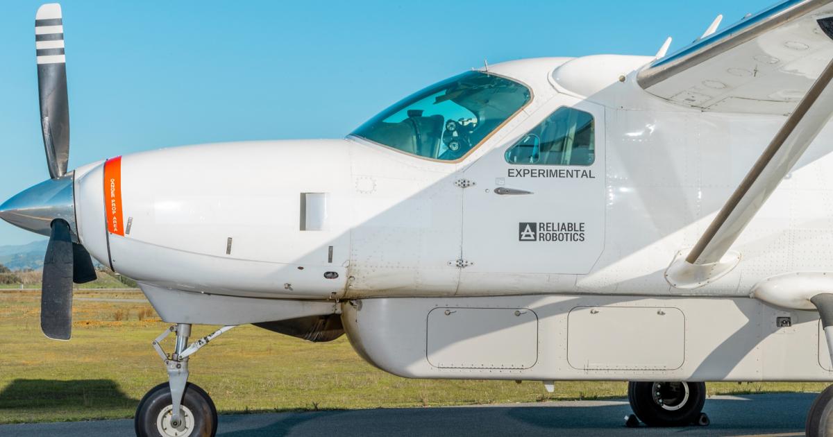 A Reliable Robotics Cessna Grand Caravan is pictured on a runway