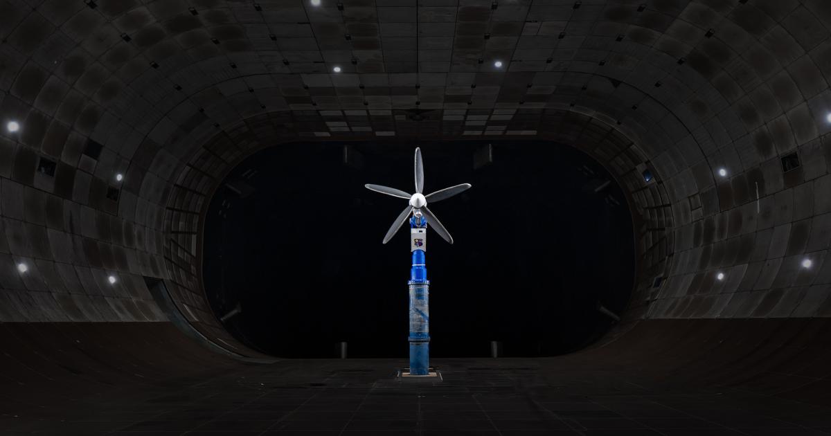 A Joby propeller is pictured inside a wind tunnel at the National Full-Scale Aerodynamic Complex at NASA’s Ames Research Center.
