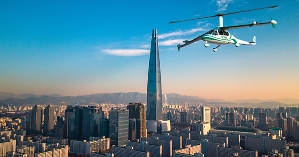 An artist's rendering of a Jaunt Journey eVTOL air taxi flying over Seoul, South Korea