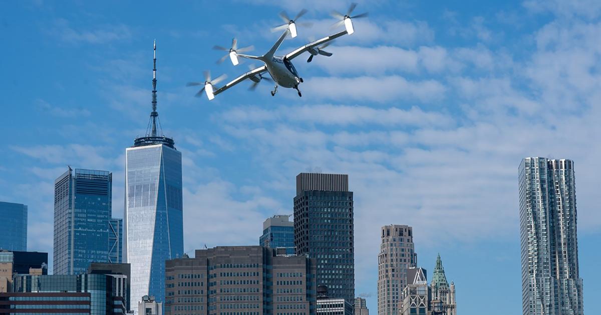 Joby’s four-passenger eVTOL aircraft is pictured during a demonstration flight over New York City