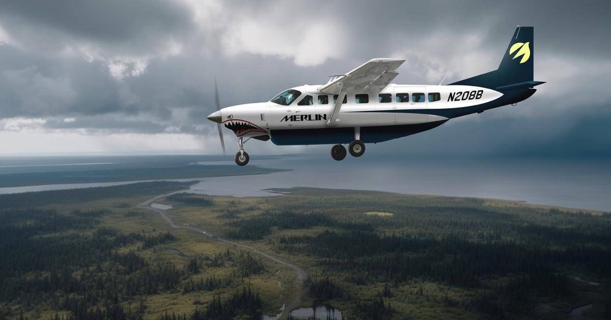 A digital rendering of a Merlin airplane flying over Alaska.