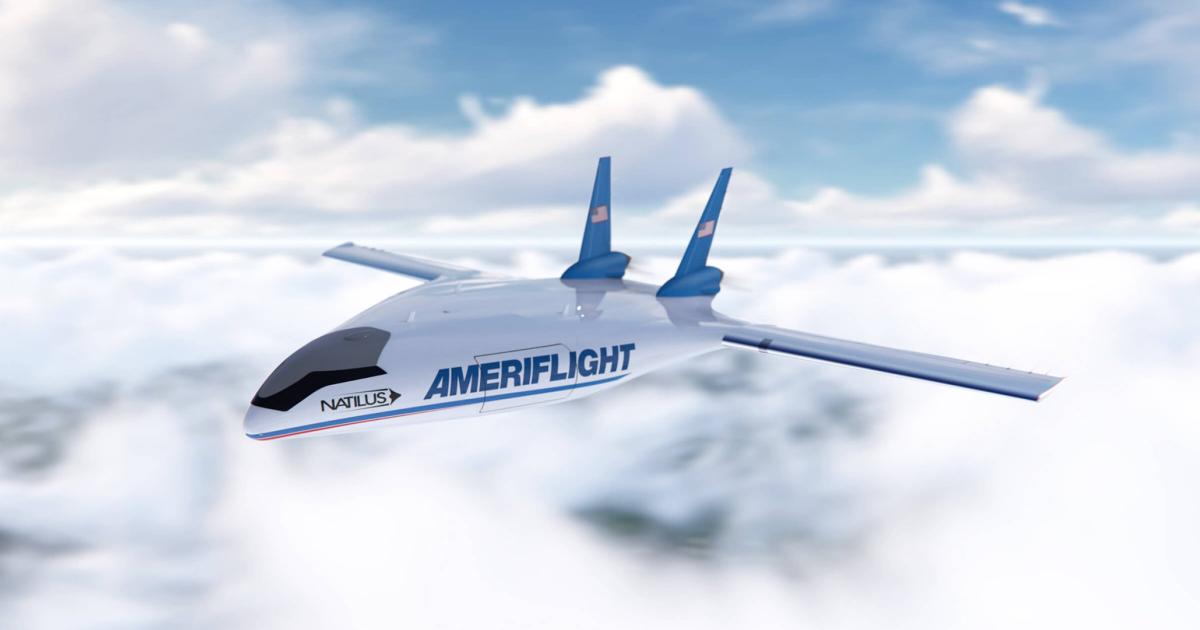 An artist's rendering of a Natilus Kona cargo airplane with an Ameriflight logo.