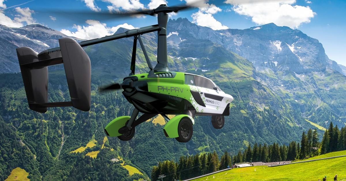 A digital rendering of a PAL-V Liberty flying car flying over mountains in Austria