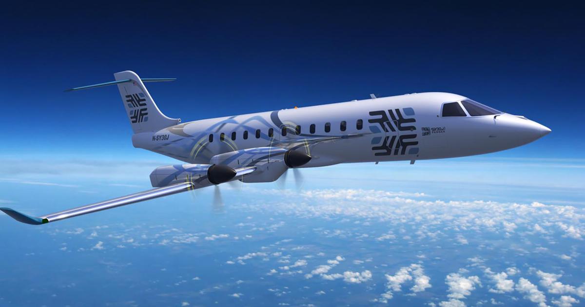A digital rendering of The AirCraft Company's hybrid-electric SY30J regional airliner in flight