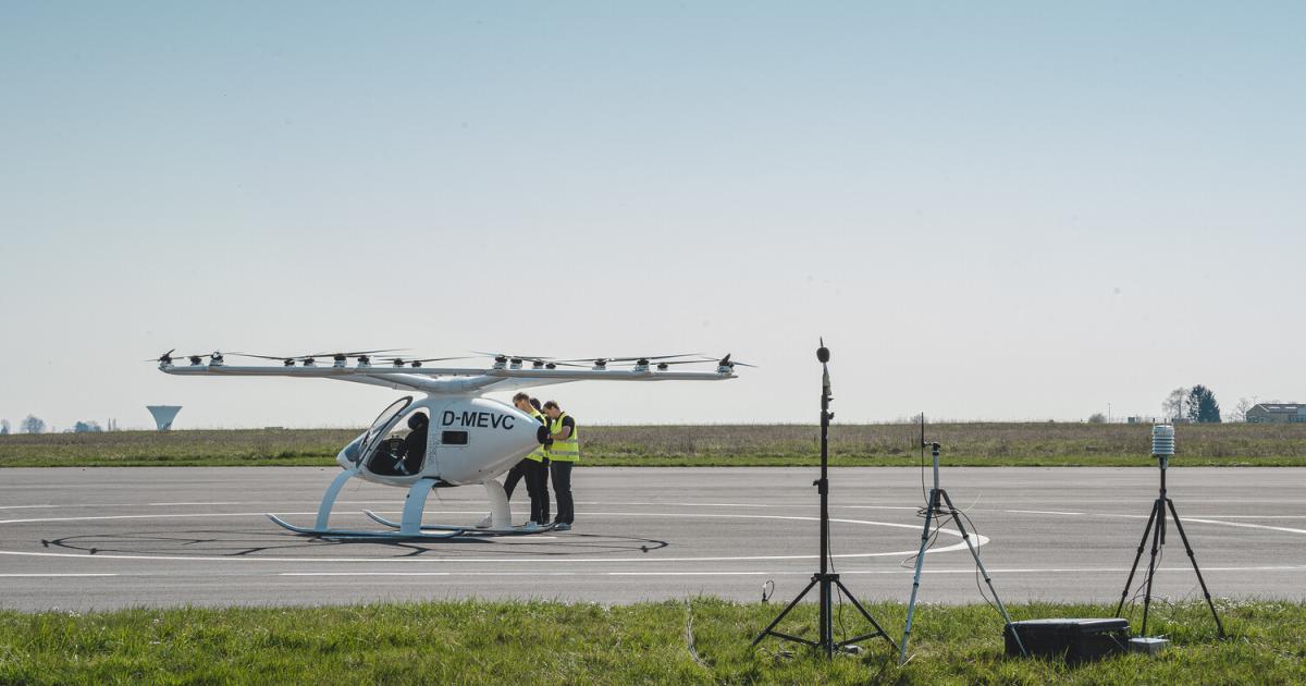 Volocopter's 2X technology demonstrator at Pontoise Airport in France.