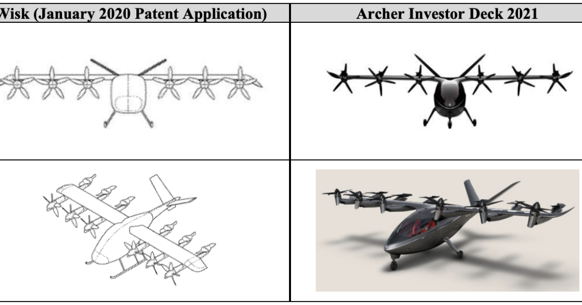 eVTOL aircraft designs by Wisk Aero (left) and Archer Aviation (right)