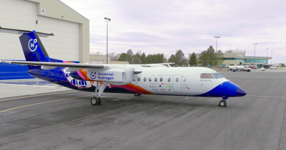 Universal Hydrogen's Dash 8 is pictured during a taxi test at Grant County International Airport in Moses Lake, Washington.