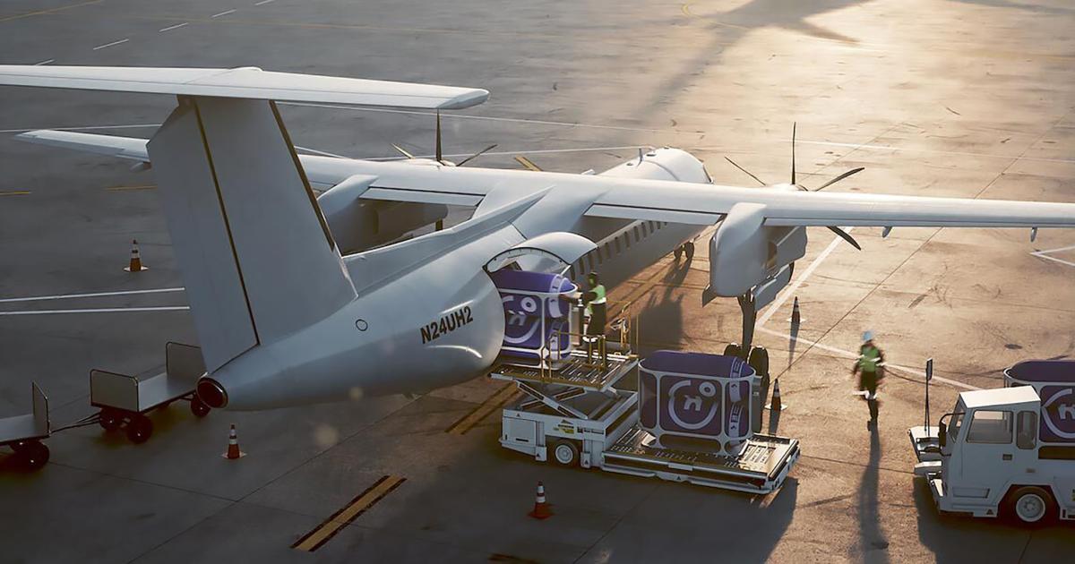 A computer-generated rendering shows crews loading hydrogen fuel pods developed by Universal Hydrogen into a twin-engine turboprop.
