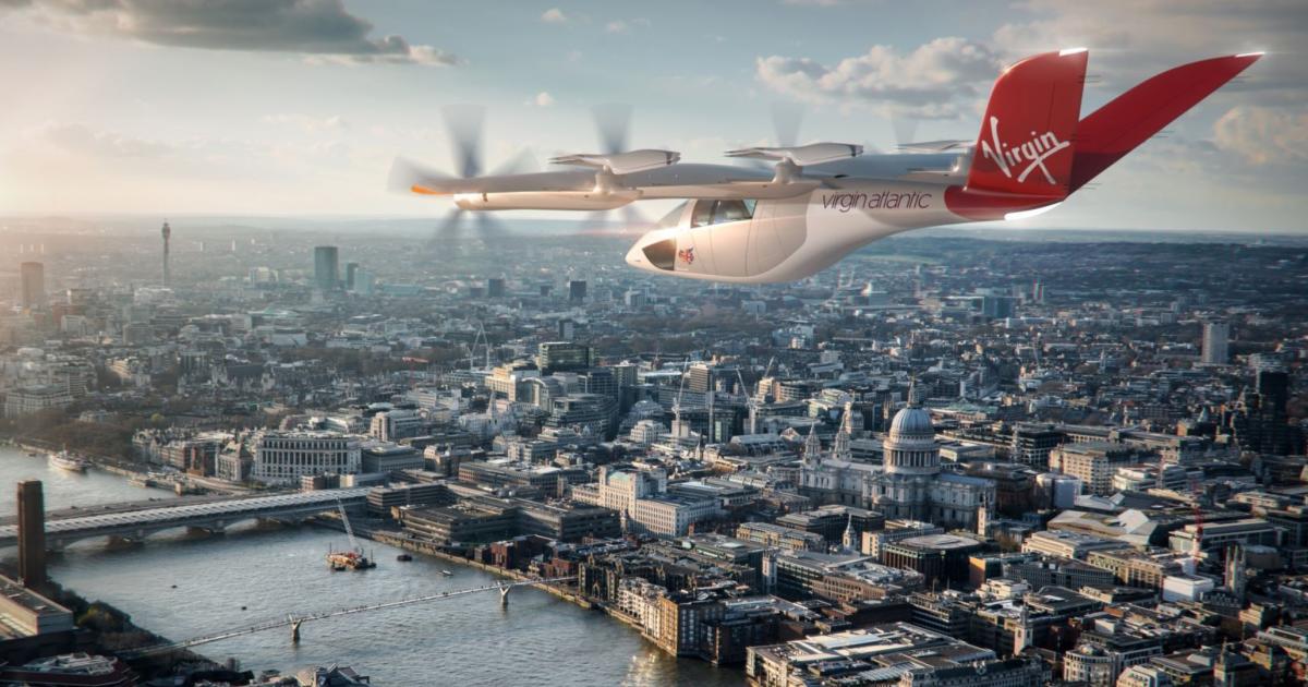 A Vertical VX4 eVTOL operated by Virgin Atlantic flies over the UK.