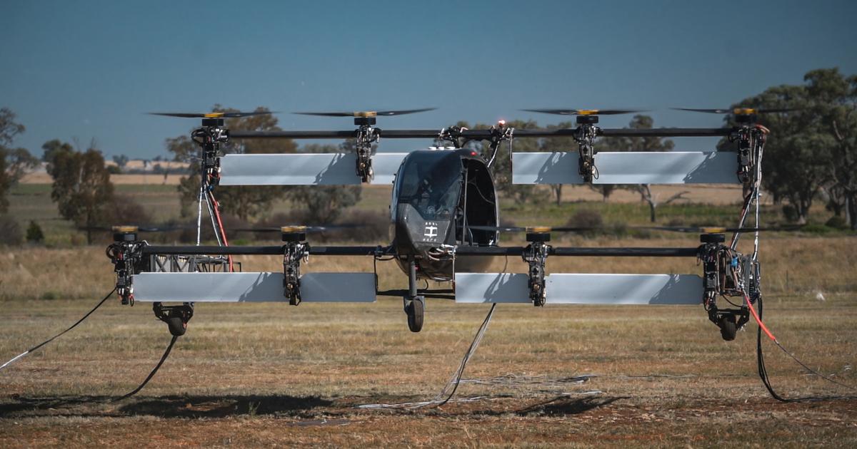 AMSL's Vertiia eVTOL aircraft prototype is pictured during one of its first hover flight tests.