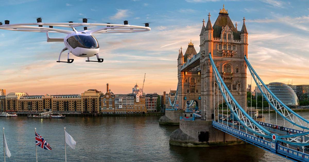 A digital rendering of a VoloCity aircraft flying over London