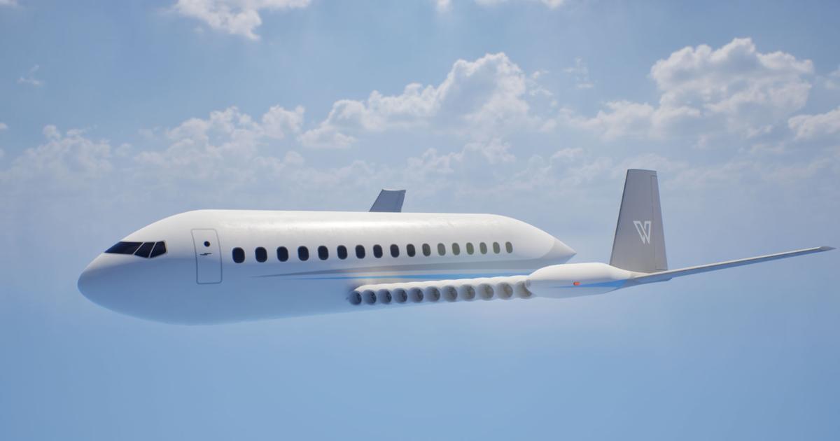 A digital rendering of the Whisper Jetliner in flight