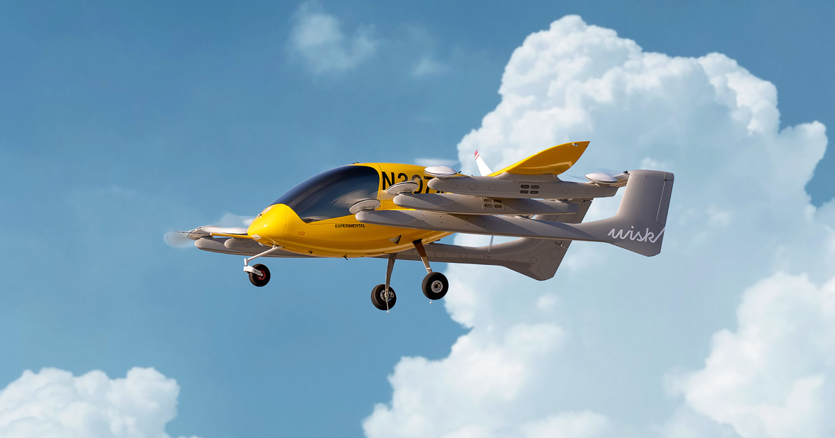 A Wisk eVTOL air taxi prototype is pictured during flight.