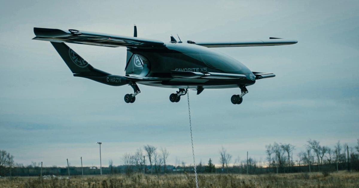 Horizon Aircraft's Cavorite X5 eVTOL aircraft prototype is pictured hovering above the ground during a hover flight test.