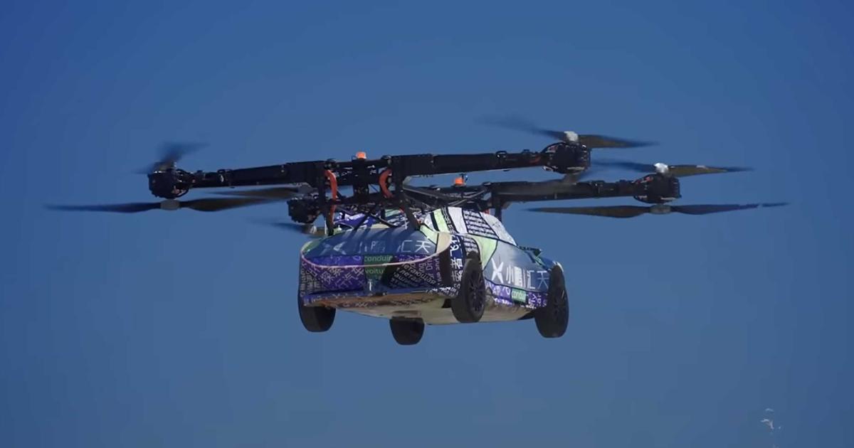 Xpeng's X3 flying car is pictured during its first test flight.