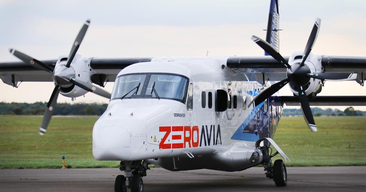 A converted Dornier 228 with ZeroAvia's ZA600 hydrogen-electric propulsion system is pictured on the runway.