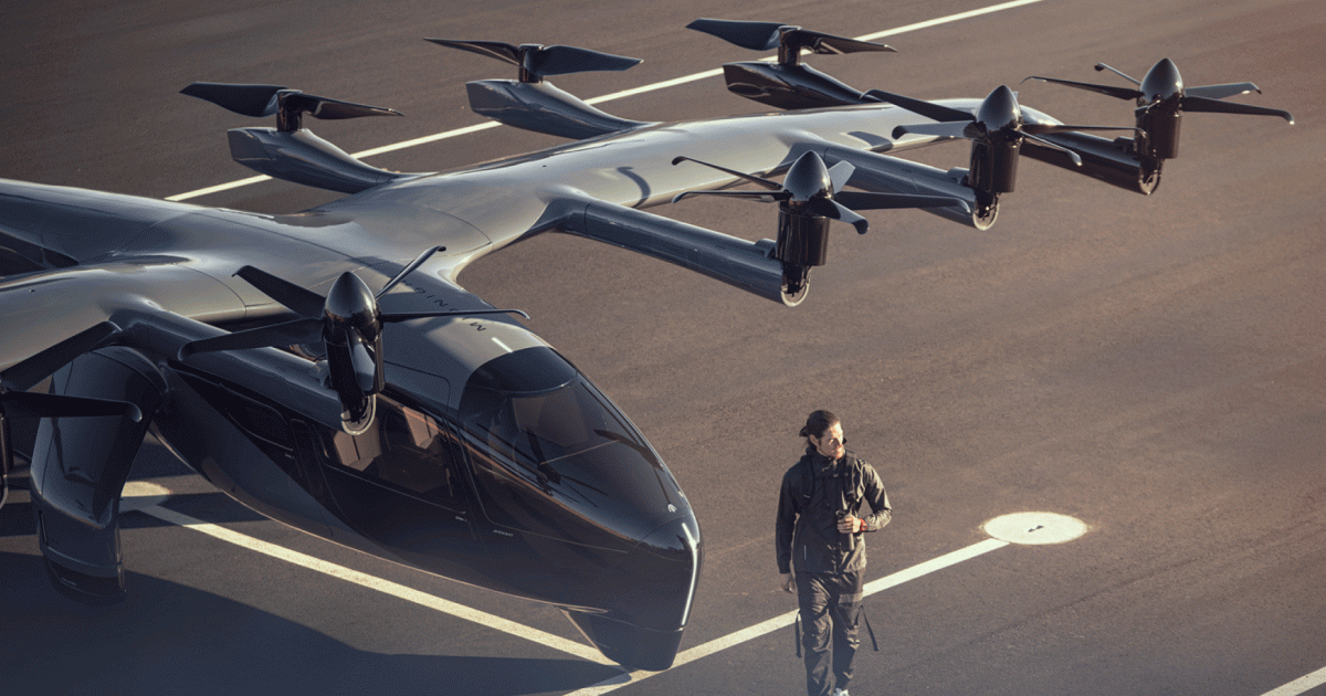 Archer's Midnight eVTOL air taxi is pictured on the tarmac at an airport.