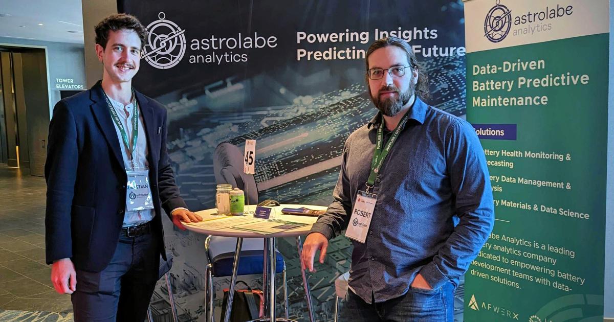 Sebastian Kuhn, head of product at Astrolabe, and company founder and CEO Robert Masse are pictured at the Astrolabe booth at the Airtaxi World Congress in San Francisco.