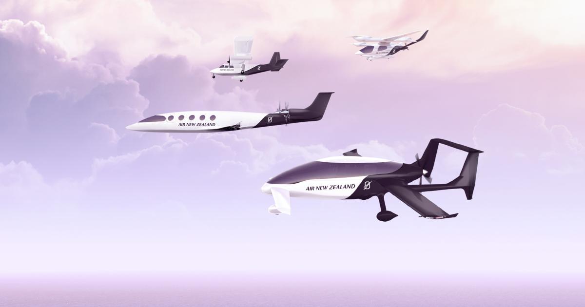 A digital rendering shows four aircraft in Air New Zealand paintwork: a VoltAero Cassio 330 aircraft, Eviation's Alice, Beta's Alia-250 eVTOL, and a CAeS hydrogen-powered Islander