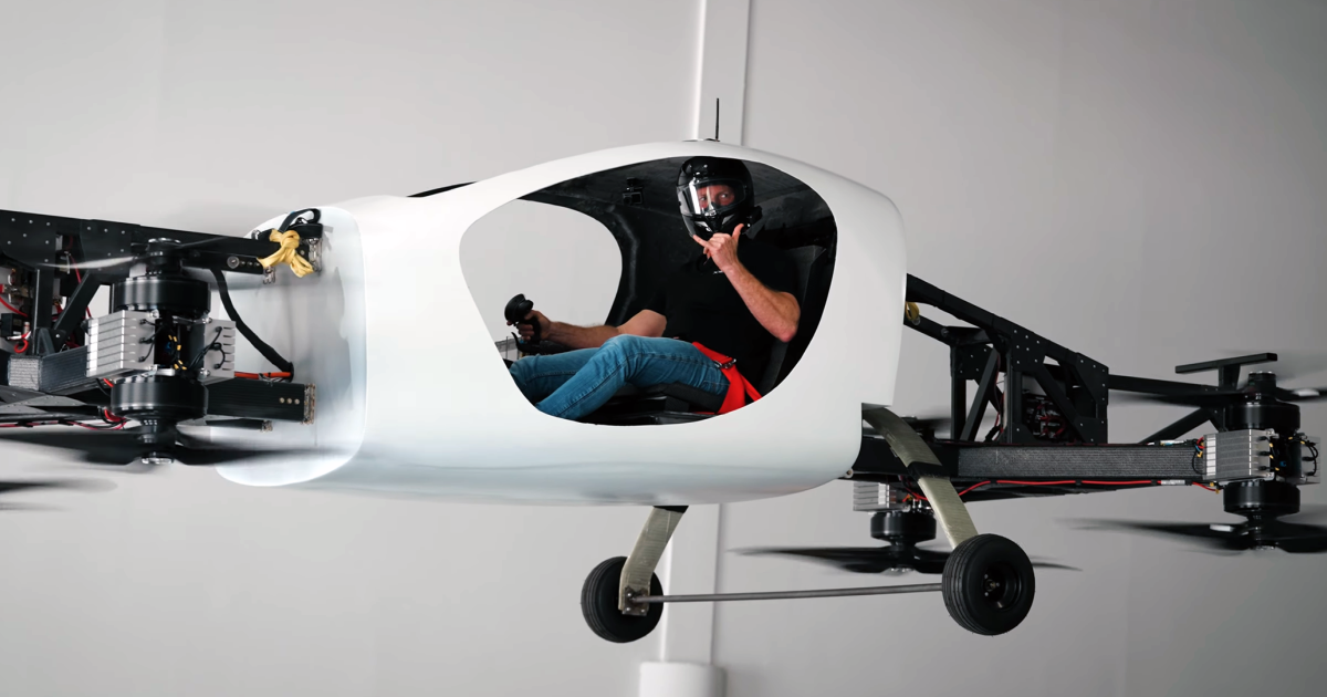 Doroni founder and CEO Doron Merdinger is pictured flying the H1 personal eVTOL inside the company's Pompano Beach headquarters.