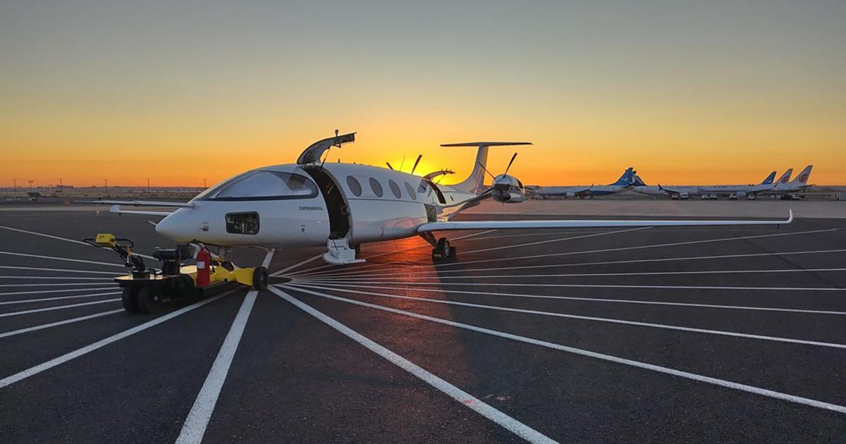 Eviation's Alice electric aircraft is pictured at Grant County International Airport in Moses Lake, Washington