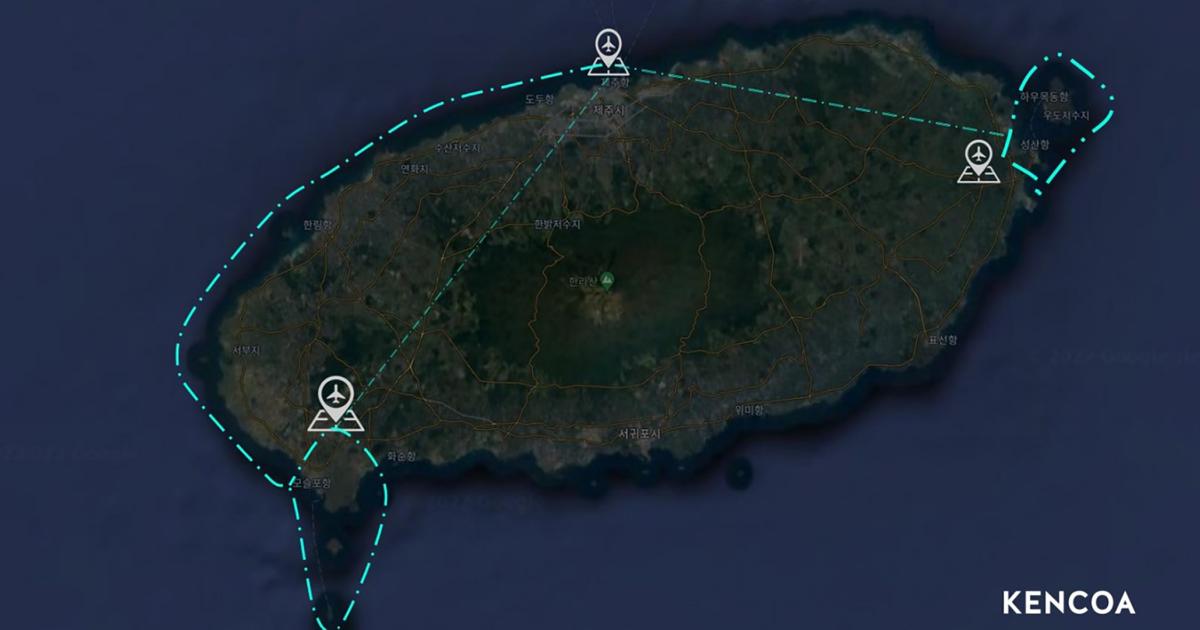 This map shows the eVTOL air taxi routes that will connect Jeju Island’s popular tourist spots.