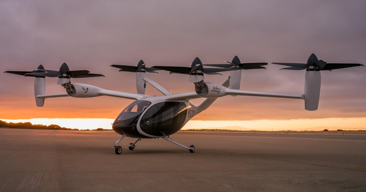 Joby's first production prototype eVTOL air taxi is pictured on the tarmac