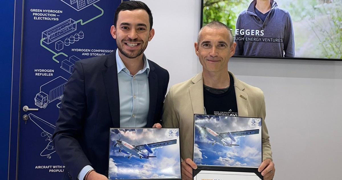 Monte chief operating officer Timothy Eyre (left) and Val Miftakhov, founder and CEO of ZeroAvia, signed a definitive purchase agreement during the 2023 Paris Airshow.