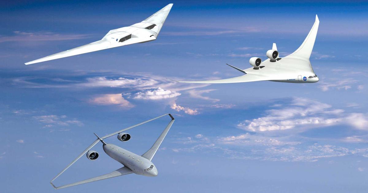 A digital rendering of three futuristic airplane design concepts