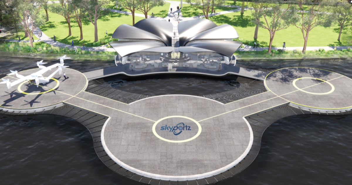 Skyportz's concept for a vertiport on Melbourne's Yarra River in Australia.