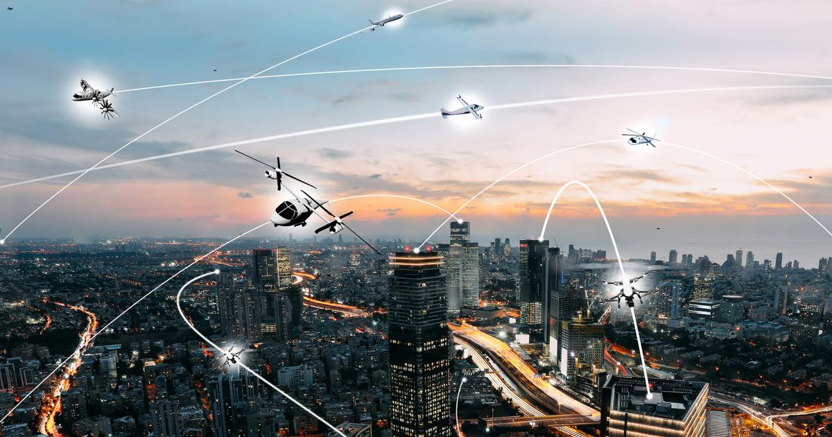 A digital rendering of multiple AAM aircraft flying over a city