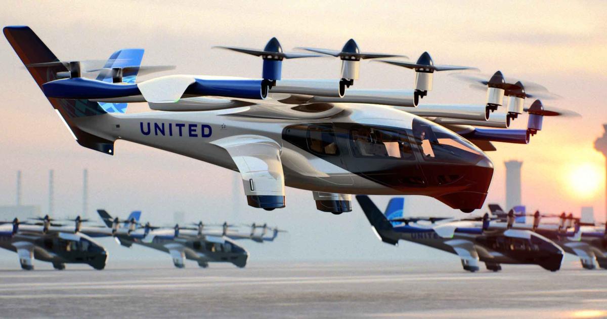 A rendered image of several Archer Midnight eVTOL air taxis with United logos at a vertiport