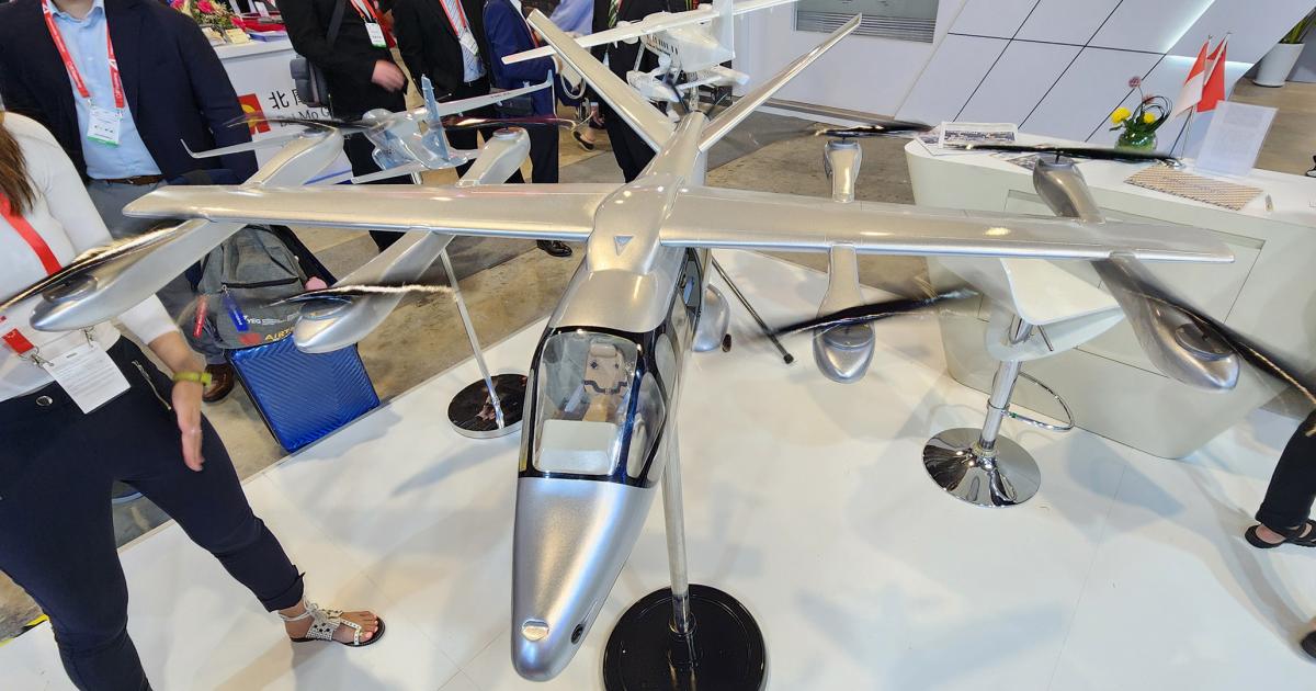 A subscale model of the Vela Alpha eVTOL aircraft on display at the Singapore Airshow