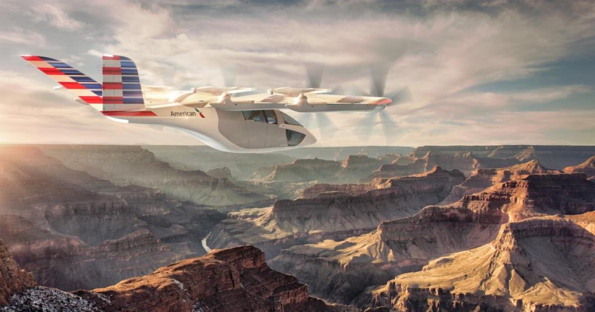 An American Airlines VX4 eVTOL flies over the Grand Canyon in this artist's rendering.