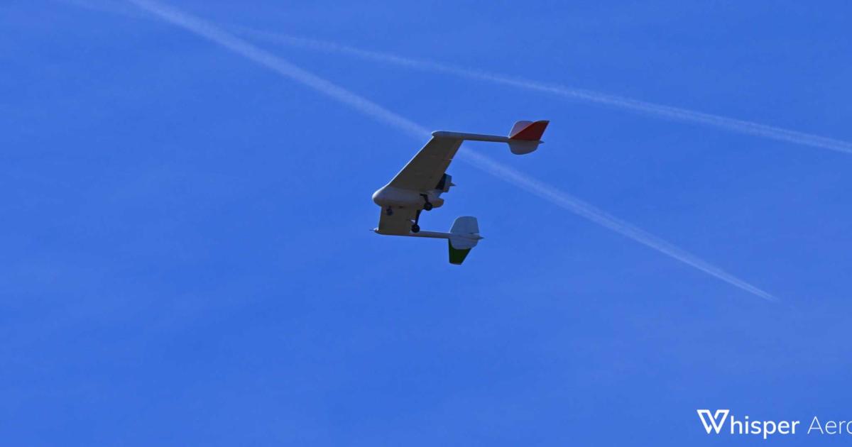 A drone equipped with Whisper Aero's electric ducted fan is pictured in flight.