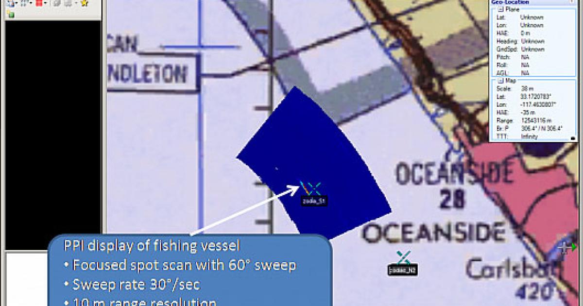 This screenshot shows a display of the maritime wide-area search (MWAS) mode of the Lynx radar. (Photo: GA-ASI)