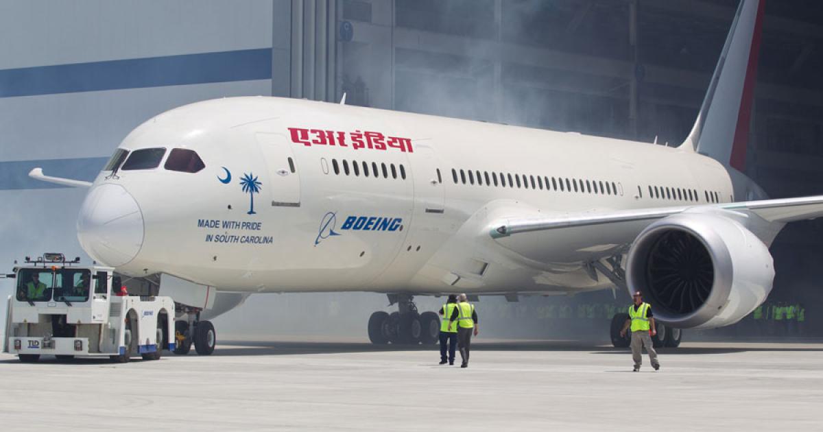 Air India’s first Boeing 787 rolls out of Boeing’s new plant in South Carolina on April 27. It appears likely to arrive in Delhi this month after the Indian government approved compensation terms for late delivery. (Photo: Boeing)