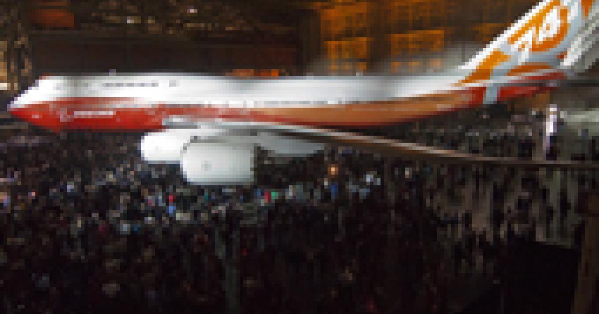 Thousands of well-wishers gathered in Everett, Wash., during the February 13 unveiling of the Boeing 747-8 Intercontinental. [Photo: Boeing]